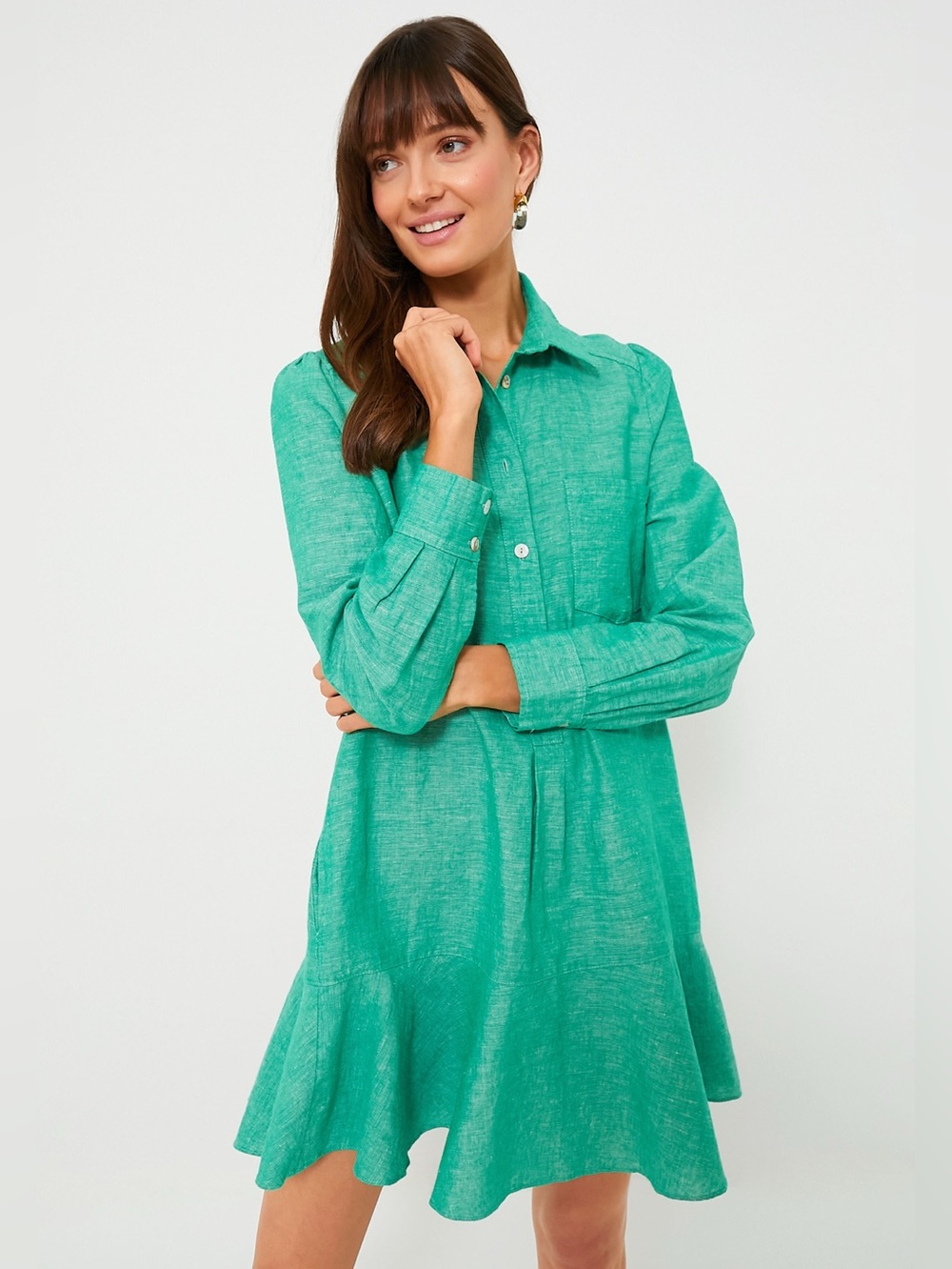 Tuckernuck Green Button-Front Linen Blend Shirt Dress